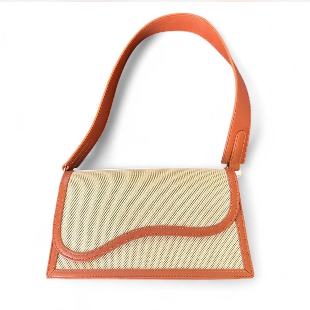 Elegant Tan and Cream canvas vegan leather shoulder bag